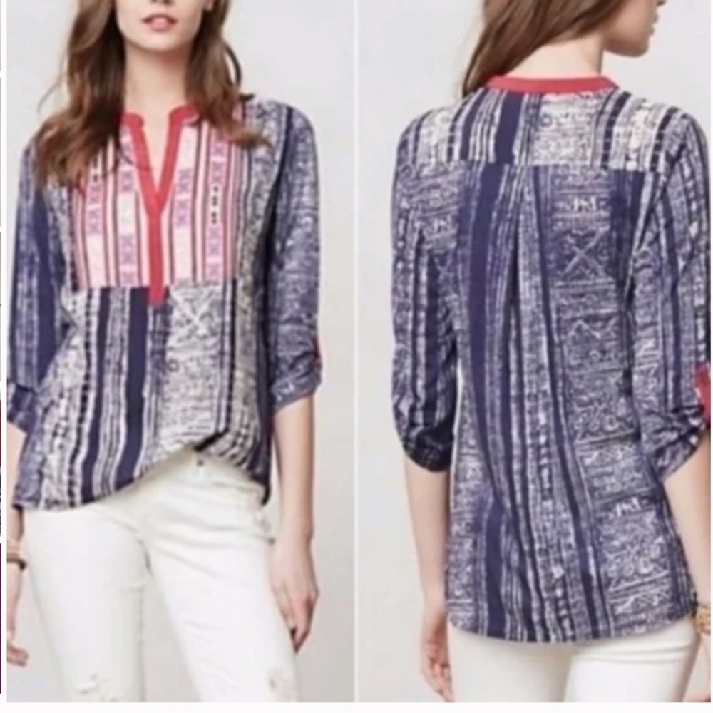 Anthropologie Tiny Aztec Embroidered Boho Top Size Medium